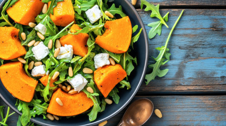 A vibrant and fresh mixed salad featuring roasted butternut squash, creamy goat cheese, and crunchy pine nuts on a bed of arugula, perfect for healthy meals.の素材