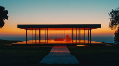 A stunning modern glass house stands against a vibrant sunset, offering breathtaking ocean views. The minimalist design exudes tranquility and elegance, perfect for relaxation.の素材