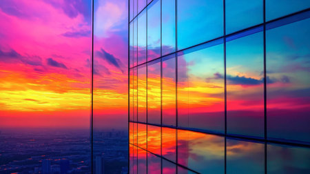 A stunning display of color as the sunset reflects on glass panels of a modern building. This vibrant scene captures the beauty of urban architecture against a dramatic evening sky.の素材