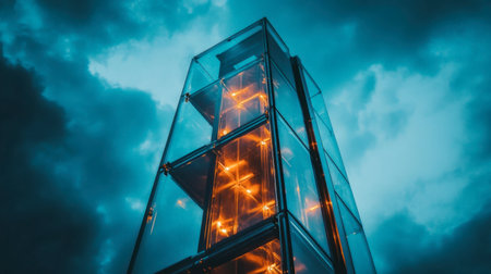 A striking image of a modern glass elevator rising against a stormy sky, showcasing intricate lighting and innovative design elements. Ideal for themes of technology and urban life.の素材