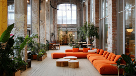 A stylish modern lounge space featuring an eye-catching orange sofa, abundant greenery, and large windows, perfect for relaxation or collaboration in an inviting atmosphere.の素材