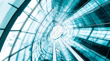 Explore this captivating abstract view of futuristic glass architecture featuring striking blue tones and intricate reflections that evoke modern design.の素材