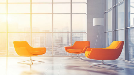 A modern lounge area featuring stylish orange chairs with a panoramic city view. Sunlight floods through large windows, creating a vibrant, welcoming atmosphere.の素材
