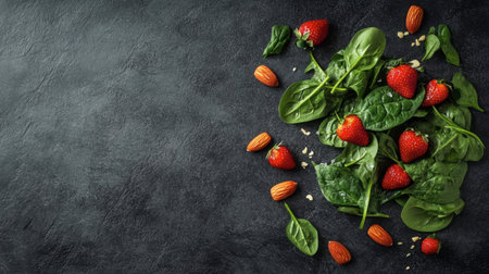 A vibrant arrangement of fresh spinach, strawberries, and almonds on a dark surface, perfect for healthy recipes. Ideal for food photography and nutrition-focused content.の素材