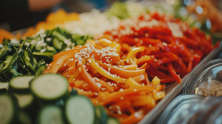 A vibrant array of fresh vegetables, including red and yellow peppers, cucumber slices, and sesame seeds, displayed beautifully in a buffet setting.の素材