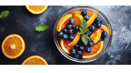 A vibrant fruit salad featuring juicy blueberries and fresh orange slices in a clear bowl, garnished with mint leaves, perfect for a healthy snack or summer dessert.の素材