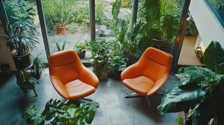 Two stylish orange chairs sit amidst lush green indoor plants, creating a vibrant and inviting space. This setting embodies calm and modern design.の素材