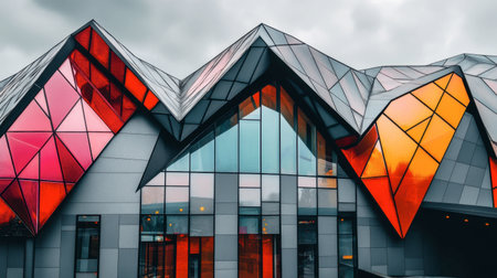 Striking modern architecture showcasing angular design with vibrant red and orange panels reflecting natural light, creating a visually stunning exterior.の素材
