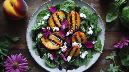 A beautiful grilled peach salad featuring fresh spinach and vibrant edible flowers, perfect for a light meal or elegant dinner gathering.の素材