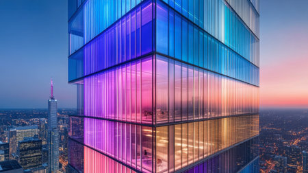 Eye-catching image of a modern skyscraper illuminated with colorful lights at sunset, showcasing contemporary architectural design against a vibrant city skyline.の素材