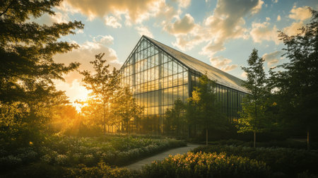 A stunning modern greenhouse features large glass panels reflecting the warm glow of the sunset. Surrounding gardens and trees create a tranquil atmosphere.の素材