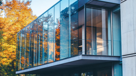 This image captures a sleek, modern building with a glass facade reflecting vibrant fall foliage, showcasing a harmonious blend of architecture and nature.の素材