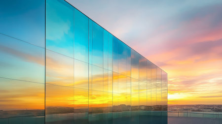Stunning reflective glass facade captures the vibrant hues of a sunset. The colorful sky and modern architecture create a serene outdoor scene.の素材