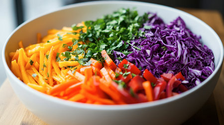 A vibrant bowl filled with fresh vegetables showcases a blend of colors and textures perfect for a healthy meal. Ideal for salads or garnishes.の素材