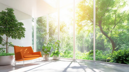 Bright living space with an orange sofa surrounded by lush greenery and large windows. Natural light fills the room, creating a serene and inviting atmosphere.の素材