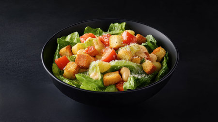 A vibrant and fresh salad featuring croutons, tomatoes, and Parmesan cheese presented in a dark bowl, perfect for healthy meal ideas and recipes.の素材
