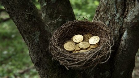 A charming nest cradles shiny golden coins nestled within a rustic tree branch, symbolizing wealth and the allure of discovery amidst nature's serenity.の素材