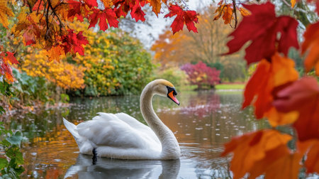 A serene swan glides gracefully across a tranquil pond, surrounded by vibrant autumn foliage, capturing the beauty of nature's seasonal transformation.の素材