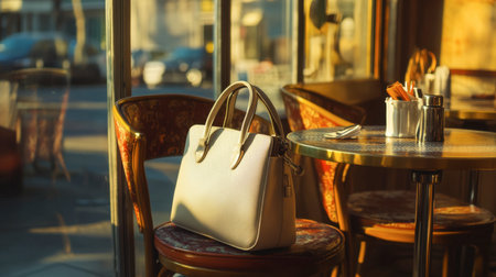A stylish handbag rests on a cafe chair bathed in warm sunlight, creating a serene urban atmosphere perfect for fashion and lifestyle themes.の素材