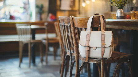A stylish white handbag rests on a wooden chair in a trendy cafの素材