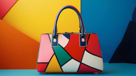 A vibrant and artistic handbag showcases modern design against a bold geometric background. Perfect for fashion-focused content and promotional use.の素材