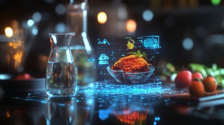 A stunning fusion of food and technology, this image features a holographic display of a gourmet meal against a modern kitchen backdrop, emphasizing innovation in dining.の素材