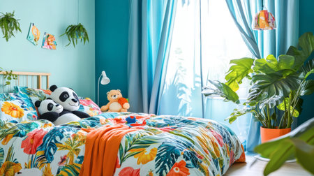 A cozy and vibrant bedroom featuring panda plush toys, tropical bedding, and lush green plants. This lively decor creates a playful and inviting space for relaxation.の素材