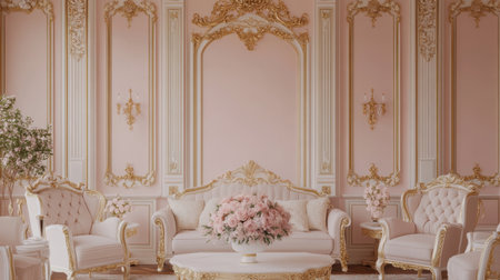 An elegant living room featuring soft pink and gold elements, adorned with a lavish floral arrangement. The chic furniture creates an inviting atmosphere.の素材