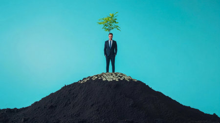 A businessman stands confidently on a mound of soil, symbolizing growth and sustainability. A tree sprouts from his head, representing innovation in finance and environmental harmony.の素材