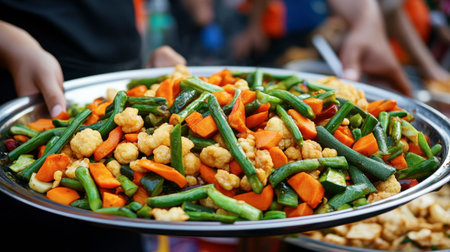 This vibrant vegetable medley showcases a mix of fresh carrots, green beans, and cauliflower, perfect for healthy meals or catering events.の素材
