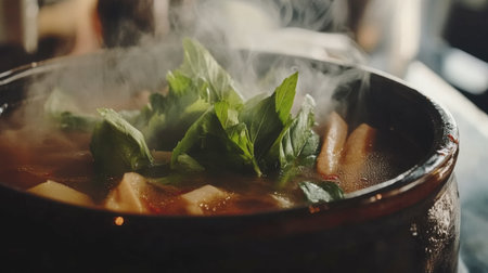 A steaming bowl of savory soup featuring vibrant vegetables and fresh herbs. This dish embodies warmth and comfort, perfect for cozy meals.の素材