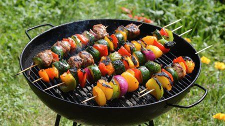 Enjoy a vibrant array of grilled skewers featuring juicy meat and fresh vegetables, perfect for outdoor gatherings and summer picnics.の素材