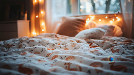 A beautifully styled bedroom scene featuring a soft blanket with charming patterns, warm fairy lights, and a serene atmosphere, perfect for relaxation.の素材