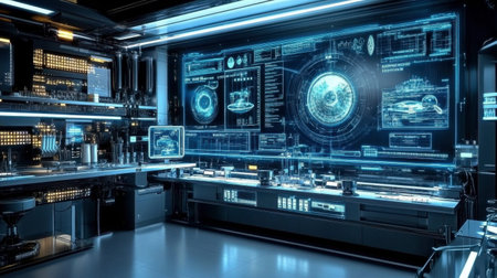Explore a futuristic technology lab featuring sleek interfaces, advanced equipment, and interactive screens, ideal for concepts of innovation and research.の素材