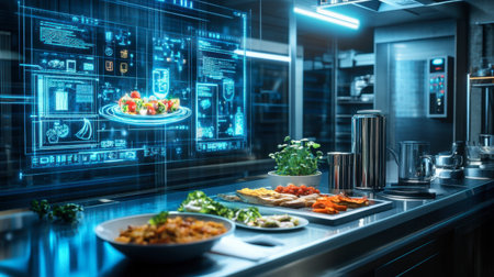 A sleek, futuristic kitchen showcases a digital interface highlighting fresh ingredients and culinary possibilities, blending technology with gastronomy.の素材