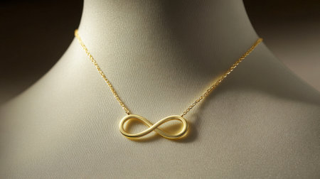 This elegant gold infinity necklace is displayed on a chic mannequin. Its smooth design and timeless appeal make it a perfect accessory for any occasion.の素材