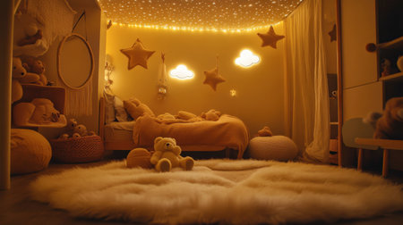 This charming nursery features a cozy atmosphere enhanced by soft lighting, plush toys, and a soothing color palette, perfect for creating a child-friendly space.の素材