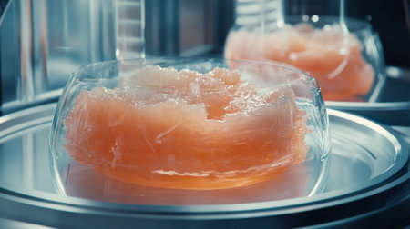 A close-up image of a gelatinous substance in a lab container surrounded by scientific equipment. The soft texture and unique color provide insight into biochemistry research.の素材