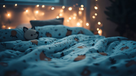A cozy bedroom setting featuring plush bedding with a whimsical fox pattern and soft twinkling lights, creating a warm and inviting atmosphere for relaxation.の素材