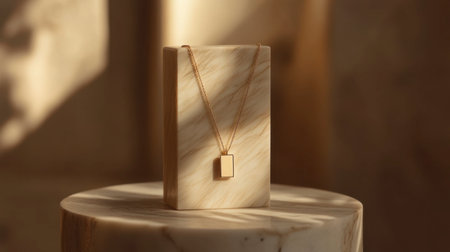 A stunning gold necklace elegantly displayed on a marble stand, illuminated by soft light. This photograph captures beauty and simplicity, perfect for jewelry promotion.の素材