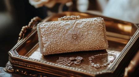 A beautiful bridal clutch embellished with pearls, accompanied by stunning jewelry, rests on an ornate gold tray, bathed in soft, romantic light, perfect for weddings.の素材
