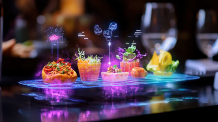 A captivating holographic display showcasing vibrant and modern dishes, merging technology with cuisine for an innovative dining experience.の素材