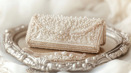 This elegant pearl clutch rests on a decorative silver tray, showcasing intricate embroidery that highlights its luxury and sophistication for special occasions.の素材