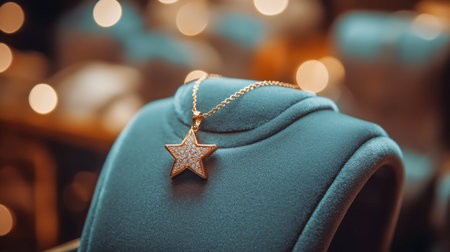 A stunning gold star pendant necklace elegantly displayed on a soft fabric surface. The beautiful bokeh background enhances its charm and sophistication.の素材