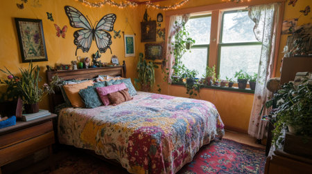 A vibrant bedroom filled with plants, colorful textiles, and butterfly decor, creating a cozy and inviting atmosphere. Perfect for relaxation and comfort.の素材