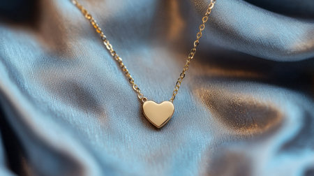 This image features a heart-shaped pendant necklace resting on soft blue satin, showcasing its delicate design and elegant shine. Perfect for romantic accessories.の素材