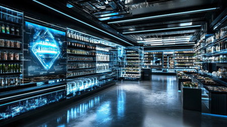 Explore a modern futuristic supermarket interior featuring neon lighting and organized shelves, creating an innovative shopping experience in a sleek environment.の素材