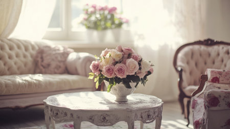 A serene vintage living room bathed in natural light, showcasing a beautiful floral arrangement with soft pink roses on a rustic table, creating a cozy atmosphere.の素材