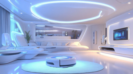 Explore a sleek and modern living room featuring futuristic design and ambient LED lighting. This inviting space offers comfort and innovation, ideal for contemporary tastes.の素材