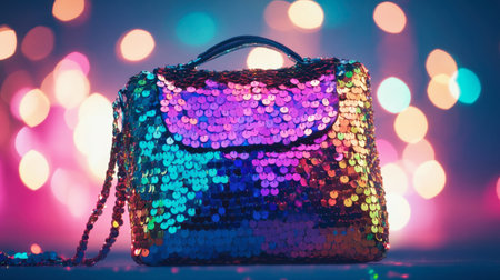 A vibrant and stylish sequin handbag glistens against a colorful bokeh background, perfect for adding a touch of sparkle to any festive occasion or outfit.の素材
